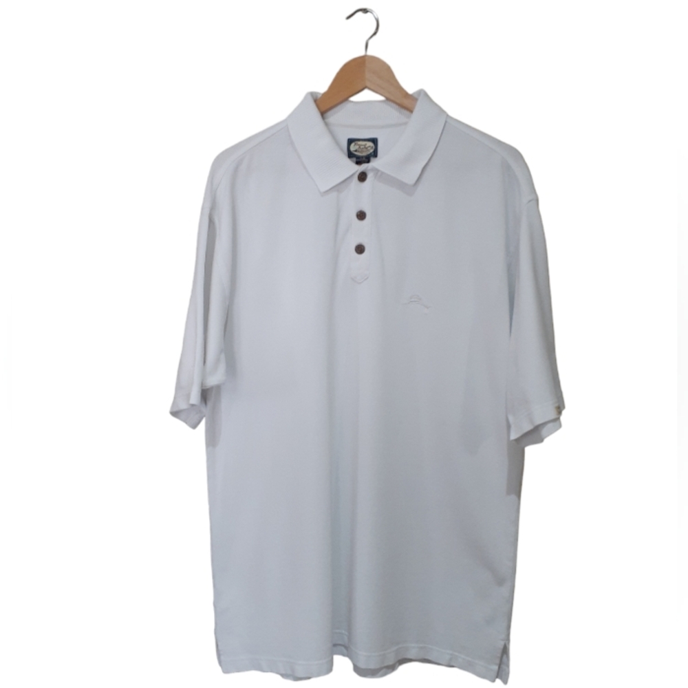 Tommy Bahama Men's Size Large White Cotton Polo with White Embroidered Marlin